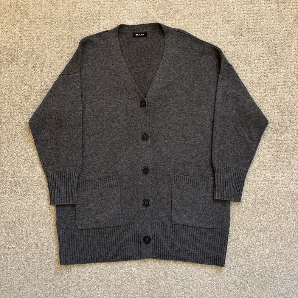 NAADAM Gray Cashmere Knit Cardigan Sweater V-Neck Button Pockets Sz Medium